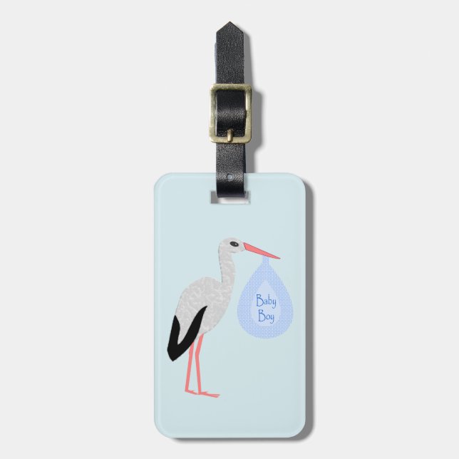 Étiquette À Bagage Cute Blue Baby Boy Stork Custom (Devant Vertical)