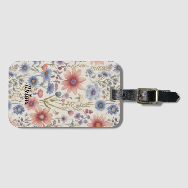 Étiquette À Bagage Cute Boho Floral Botanique Personnaliser le nom (Devant Horizontal)