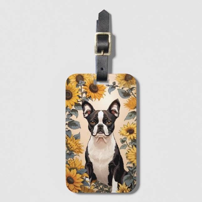 Étiquette À Bagage Cute Boston Terrier Yellow Sunflowers (Devant Vertical)