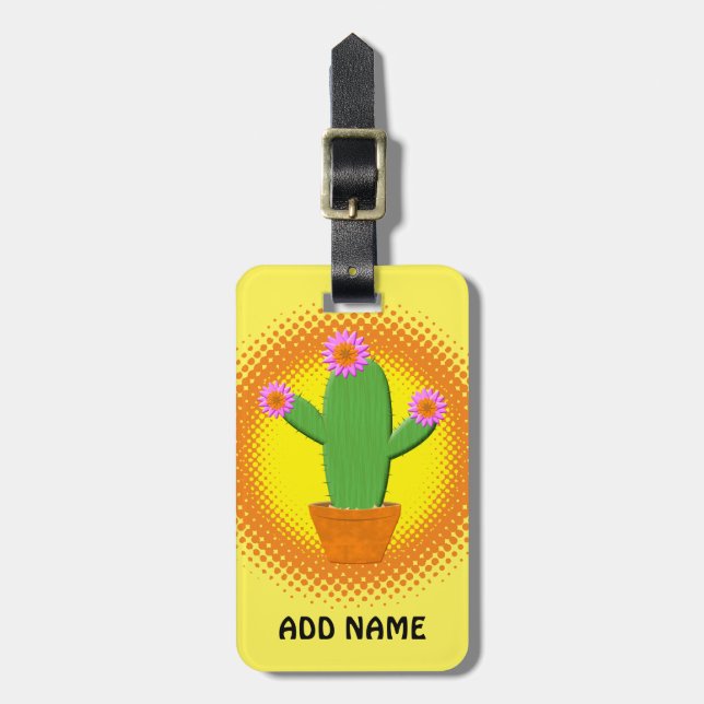 Étiquette À Bagage Cute Cactus Cartoon Avec Fleurs Roses (Devant Vertical)