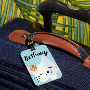 Étiquette À Bagage Cute Chat et Fleurs Dotty Personnalisé