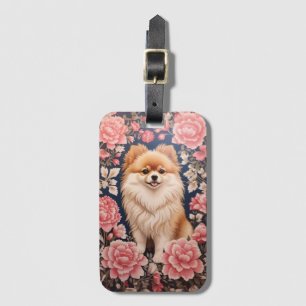 Étiquette À Bagage Cute Chien Poméranien Rose Floral