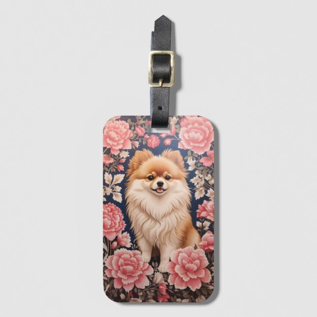 Étiquette À Bagage Cute Chien Poméranien Rose Floral (Devant Vertical)