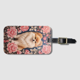 Étiquette À Bagage Cute Chien Poméranien Rose Floral