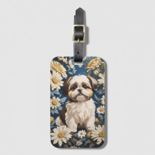 Étiquette À Bagage Cute Chih Tzu Chien Blanc Fleurs De Faisée