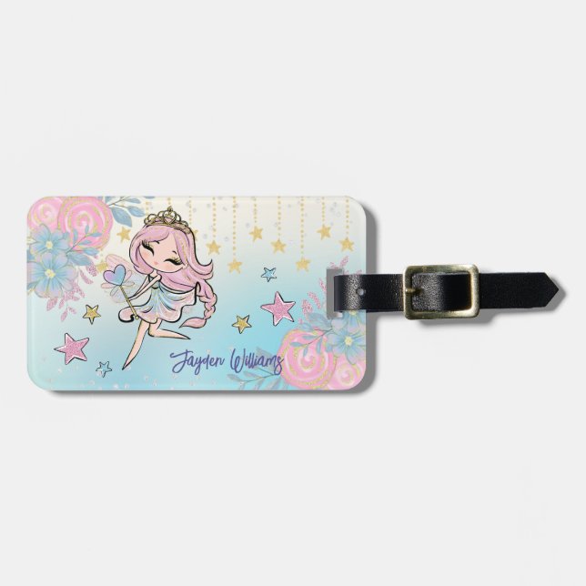Étiquette À Bagage Cute Fairy Rose Girl Nom personnalisé Enfants (Devant horizontal)