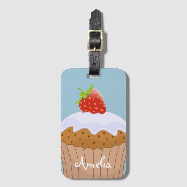 Étiquette À Bagage Cute fraise Bun personnalisé bleu (Devant Vertical)