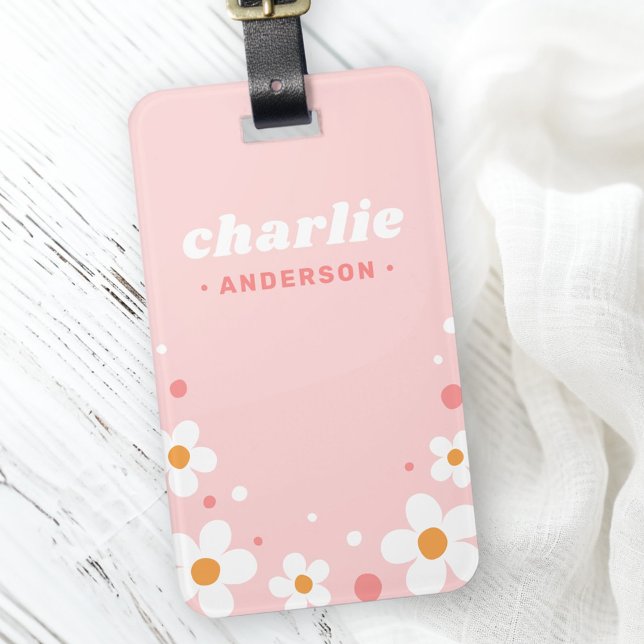 Étiquette À Bagage Cute fraise fleur nom de police rétro rose pâle (Cute strawberry blossom retro font name light pink luggage tag)