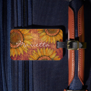 Étiquette À Bagage Cute Girl Rustic Boho Wood Joli tournesol
