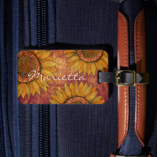 Étiquette À Bagage Cute Girl Rustic Boho Wood Joli tournesol