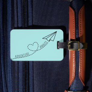 Étiquette À Bagage Cute Girly Heart Paper Plane Aventure Await Blue