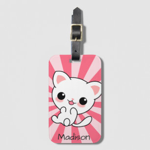 Étiquette À Bagage Cute kawaii Chat blanc Personnalisé rose