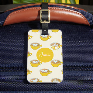 Étiquette À Bagage Cute Latte Art en Motif de tasses de café jaune