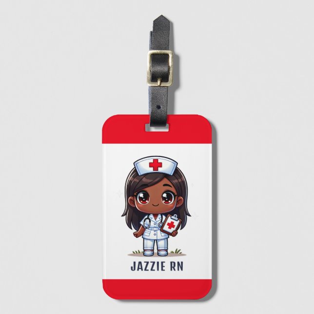 Étiquette À Bagage Cute Manga Black Nurse Cheveux Brown et yeux perso (Devant Vertical)