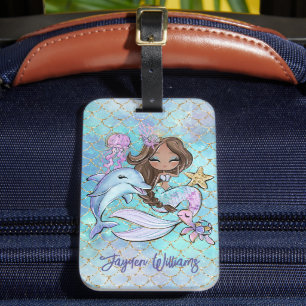 Étiquette À Bagage Cute Mermaid Brown fille Nom personnalisé Enfants