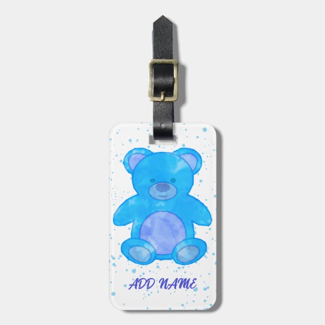 Étiquette À Bagage Cute Ours Teddy Texte personnalisé bleu (Devant Vertical)