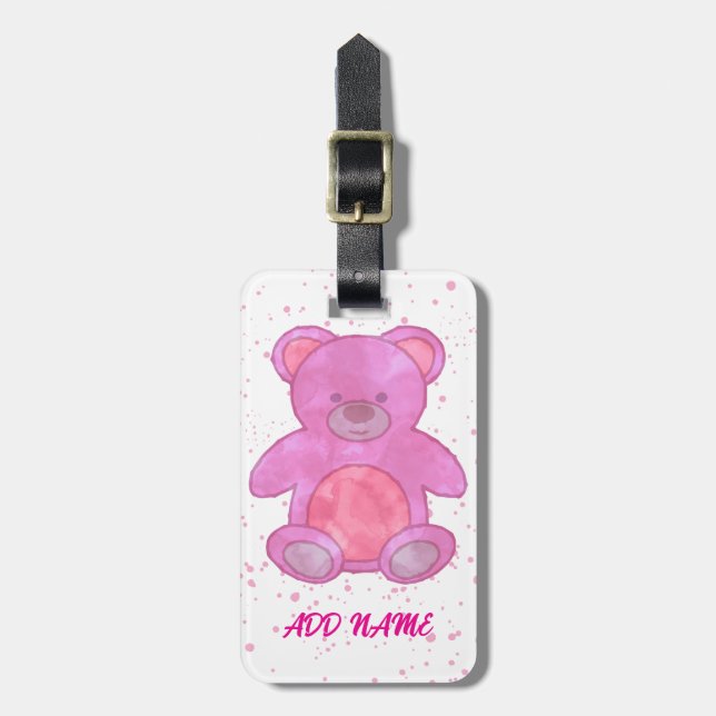 Étiquette À Bagage Cute Ours Teddy Texte Personnalisé Rose (Devant Vertical)