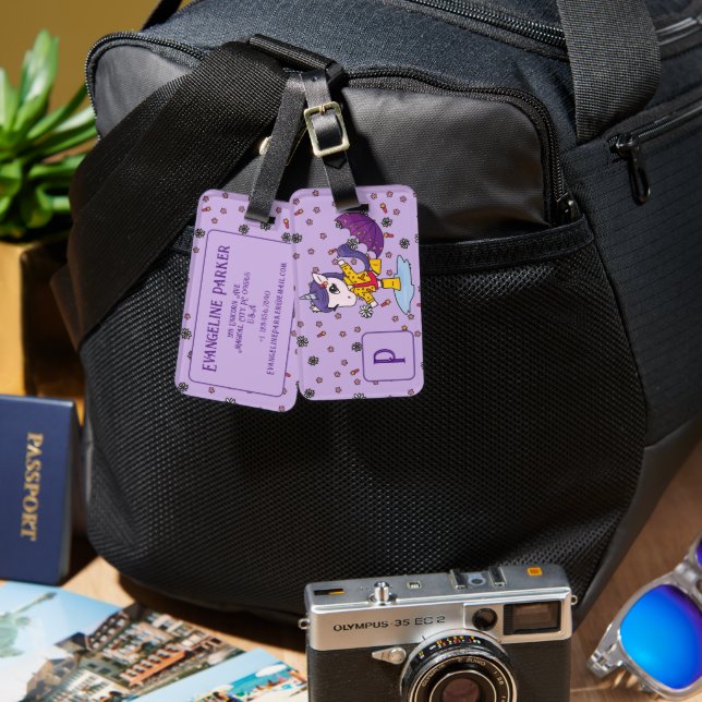 Étiquette À Bagage Cute personnalisée & Simple Purple Unicorn Floral (Recto & Verso)