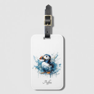 Étiquette À Bagage Cute puffin en bleu aquarelle personnalisable
