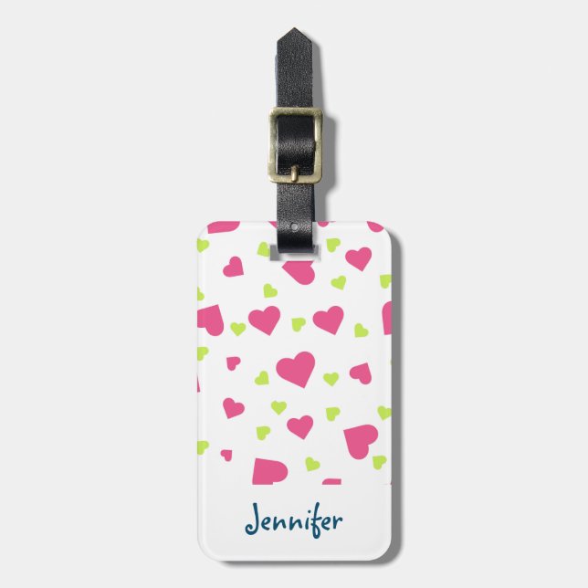 Étiquette À Bagage Cute rose et vert Tumbling Hearts Motif (Devant Vertical)