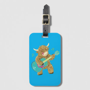 Étiquette À Bagage Cute Scottish Highland Cow joue de la guitare    