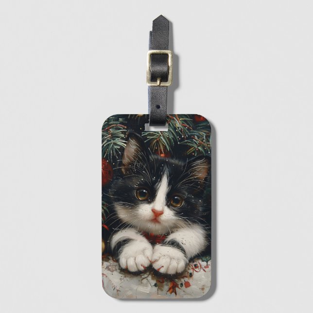 Étiquette À Bagage Cute Tuxedo Kitten Christmas Chat Art (Devant Vertical)