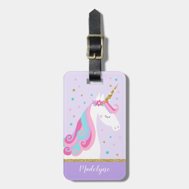 Étiquette À Bagage Cute Unicorn Étoiles Parties scintillant violet (Devant Vertical)