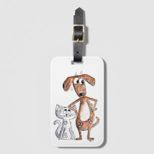 Étiquette À Bagage Cute Whimsical Brown chien et chat gris