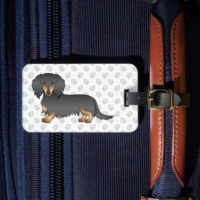 Étiquette À Bagage Dachshund à cheveux longs noir et tan, dessin Chie (Insitu Rectoal 4)