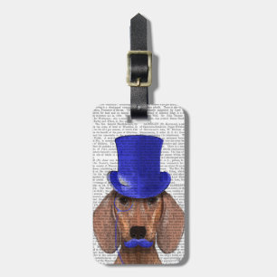 Étiquette À Bagage Dachshund avec chapeau bleu et moustache bleue