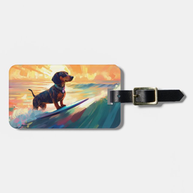 Étiquette À Bagage Dachshund Beach Surf Peinture (Devant horizontal)