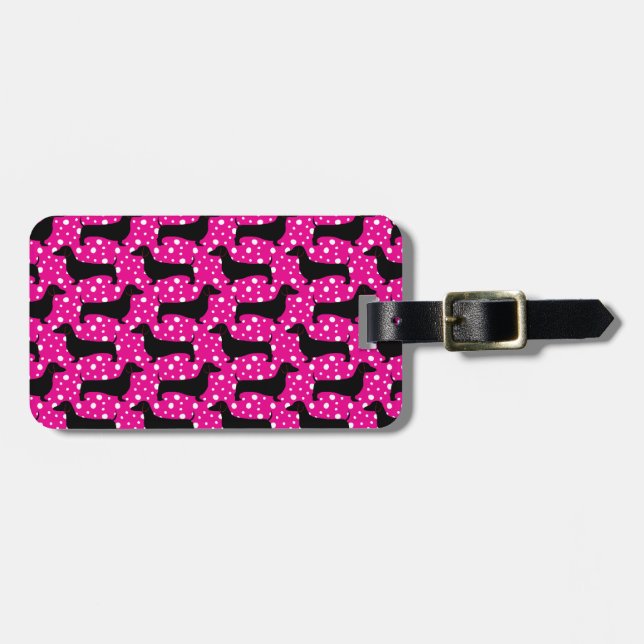 Étiquette À Bagage Dachshunds Pink Polka (Devant horizontal)