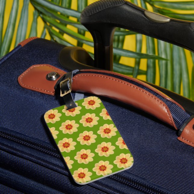 Étiquette À Bagage Dahlia jaune motif floral sur vert (Insitu Rectoal 1)