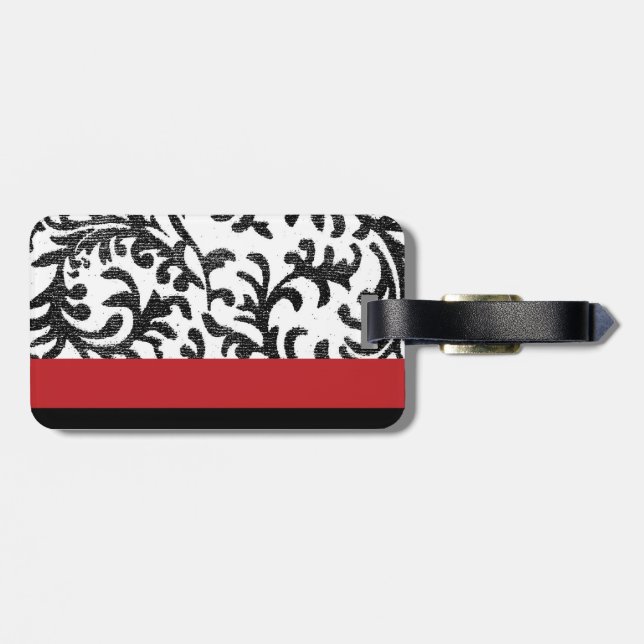 Étiquette À Bagage Damas floral rouge et noir (Dos horizontal)