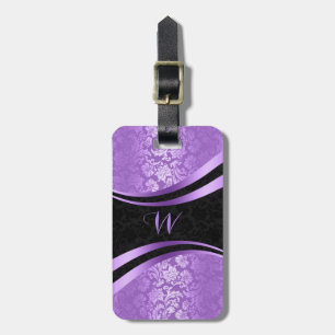 Étiquette À Bagage Damas florales géométriques violettes et noires