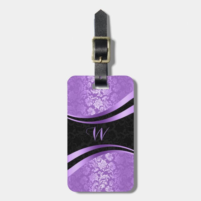 Étiquette À Bagage Damas florales géométriques violettes et noires (Devant Vertical)