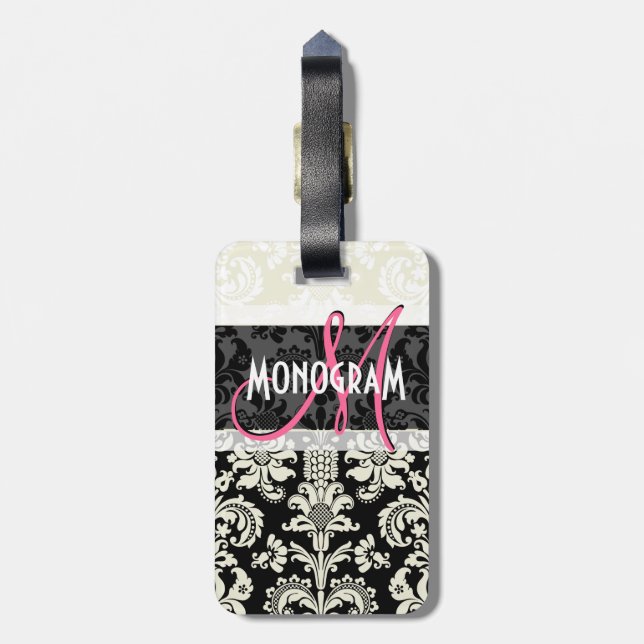 Étiquette À Bagage Damas florales noires et blanches Customisées (Dos Vertical)