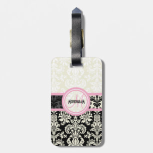 Étiquette À Bagage Damas florales noires et blanches Customisées