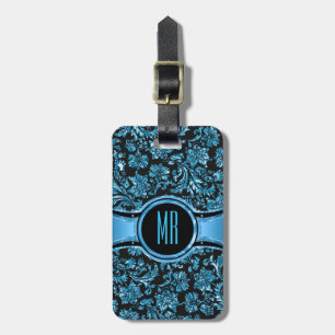 Étiquette À Bagage Damas florales noires et métalliques bleus monogra