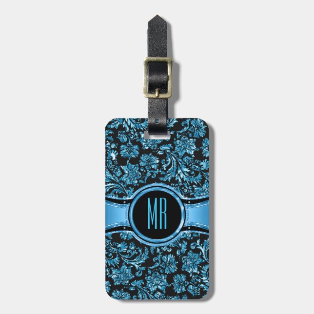 Étiquette À Bagage Damas florales noires et métalliques bleus monogra (Devant Vertical)