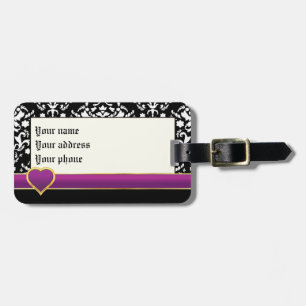Étiquette À Bagage Damas noir blanc avec bande violette et coeur