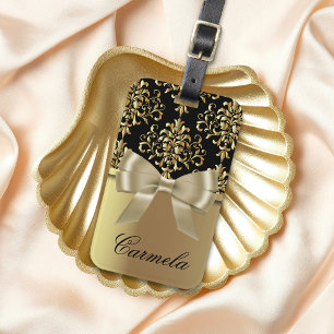 Étiquette À Bagage Damas Or Et Noir Avec Cravate Bow Et Nom Personnal
