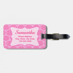 Étiquette À Bagage Damas rose Nom féminin Naissance personnalisée