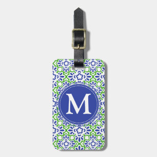 Étiquette À Bagage Damassé élégante d'arabesque bleue et vert