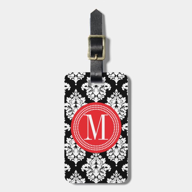 Étiquette À Bagage Damassé noire et blanche élégante personnalisée (Devant Vertical)