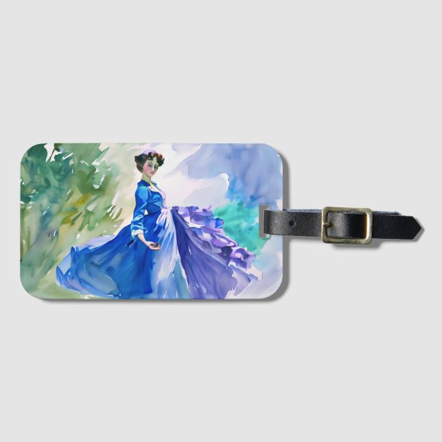 Étiquette À Bagage Dame en Robe Bleue - Peinture aquarelle (Devant Horizontal)