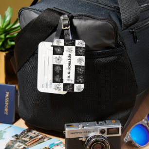 Étiquette À Bagage Damier noir et blanc et art floral 
