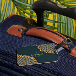 Étiquette À Bagage Dark Green Turquoise + Gold avec nom personnalisé