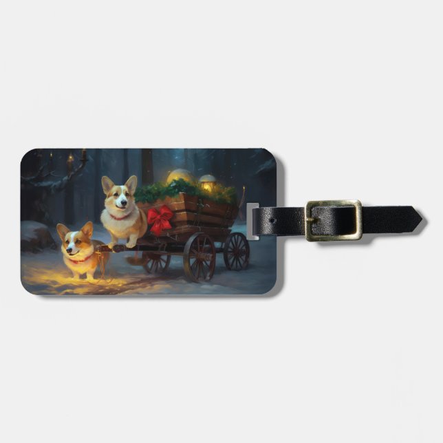 Étiquette À Bagage Décor de Noël Corgi Snowy Sleigh (Devant horizontal)