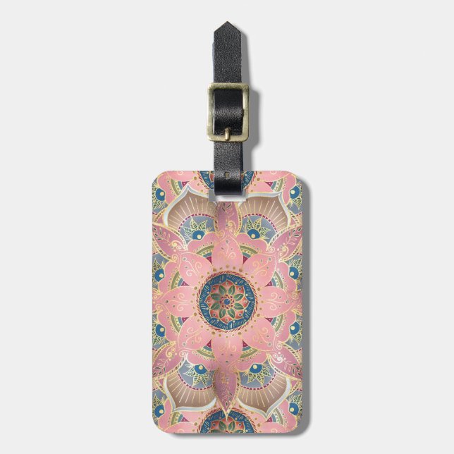 Étiquette À Bagage Design tendance métal or et rose Mandala (Devant Vertical)